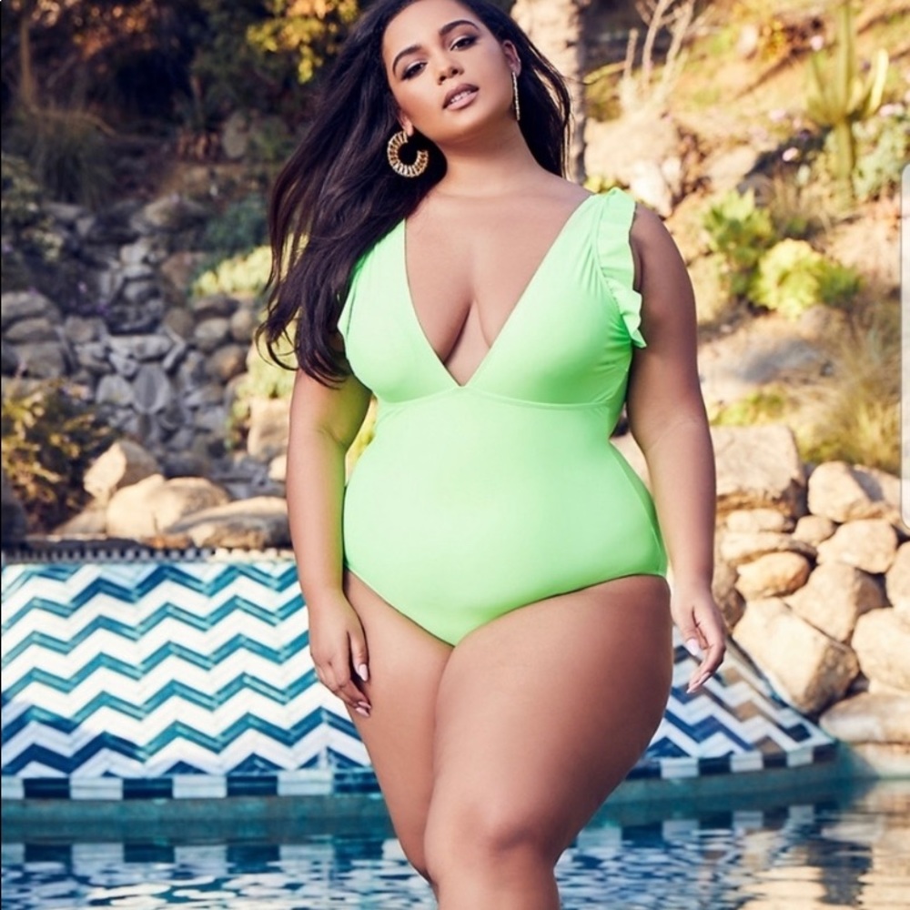 Neon green ruffle-top one piece swimsuit